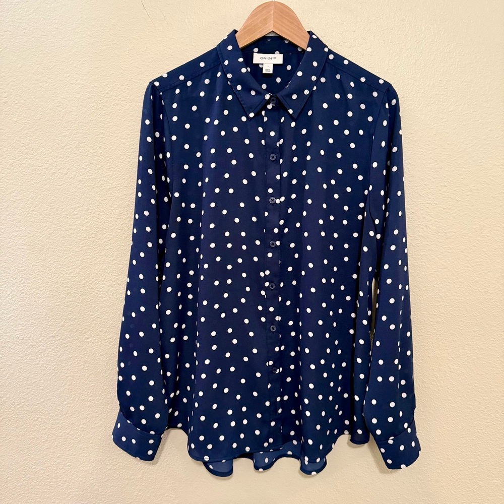 ON 34th Chic Navy Polka Dot Button-Down Shirt